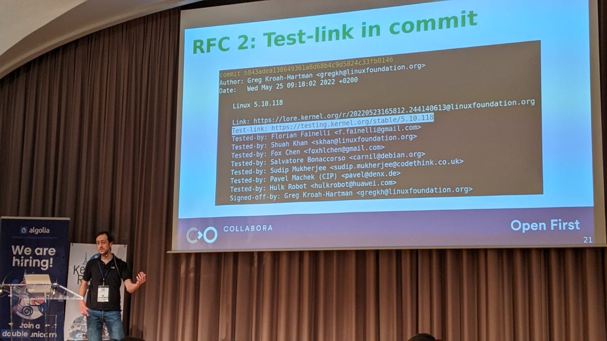 Kernel Recipes: Guillaume Tucker discusses bringing test results to kernel releases, such as including a test-link in commit. #kr2022 #KernelCI