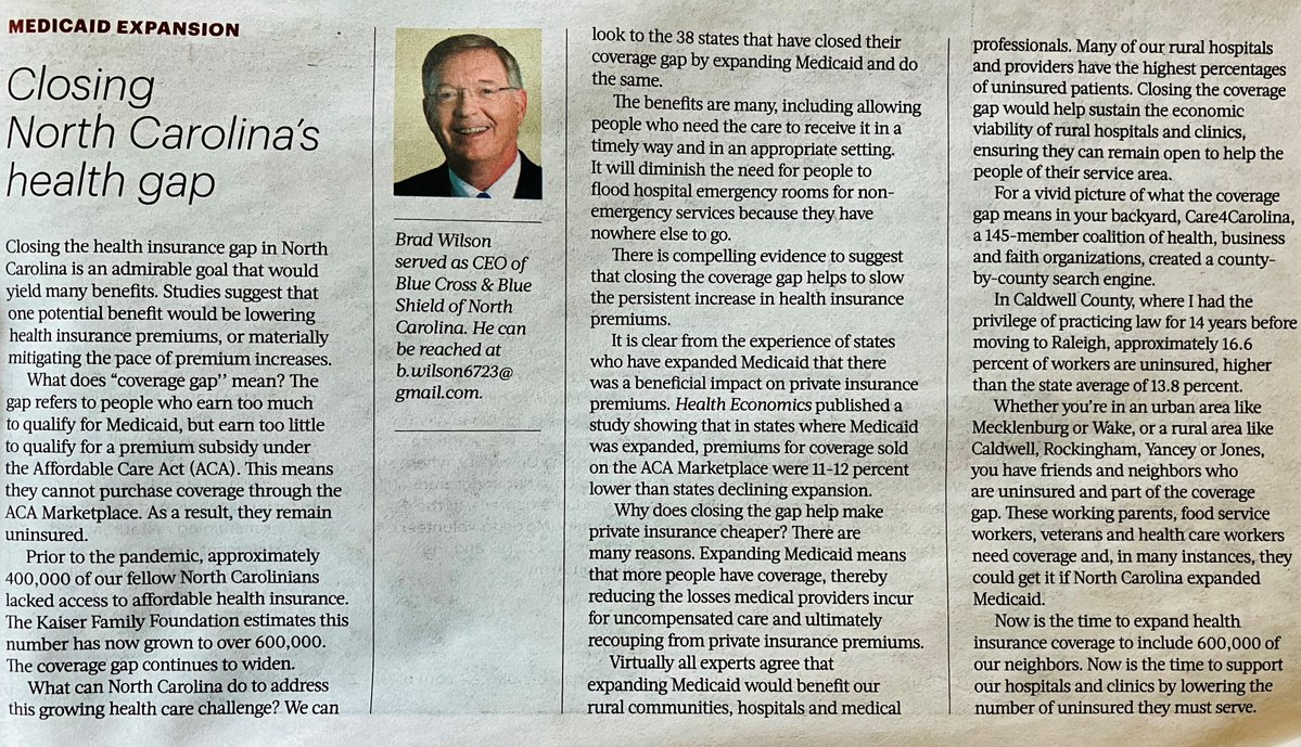 NCMedStrong's tweet photo. "Now is the time to support our hospitals and clinics by lowering the number of uninsured they must serve. Now is the time to help lower premiums by closing the coverage gap" -- Former CEO of BCBSNC, Brad Wilson in @TriangleBIZJrnl
#ClosetheGapNC #ncga #ncpol https://t.co/wiNbluc7Ya