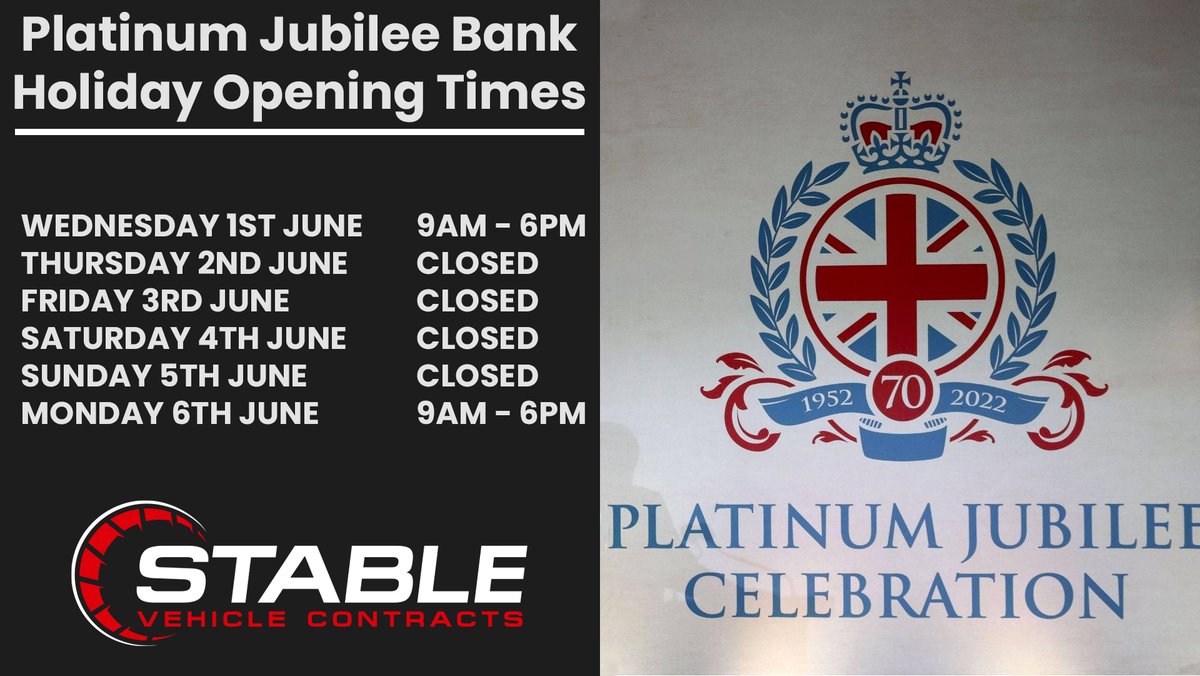 Please see our opening times across this Platinum Jubilee bank holiday. We hope you have a safe and enjoyable break.

WEDNESDAY 1ST JUNE (9AM - 6PM)
THURSDAY 2ND JUNE (CLOSED)
FRIDAY 3RD JUNE (CLOSED)
SATURDAY 4TH JUNE (CLOSED)
SUNDAY 5TH JUNE (CLOSED)
MONDAY 6TH JUNE (9AM - 6PM)