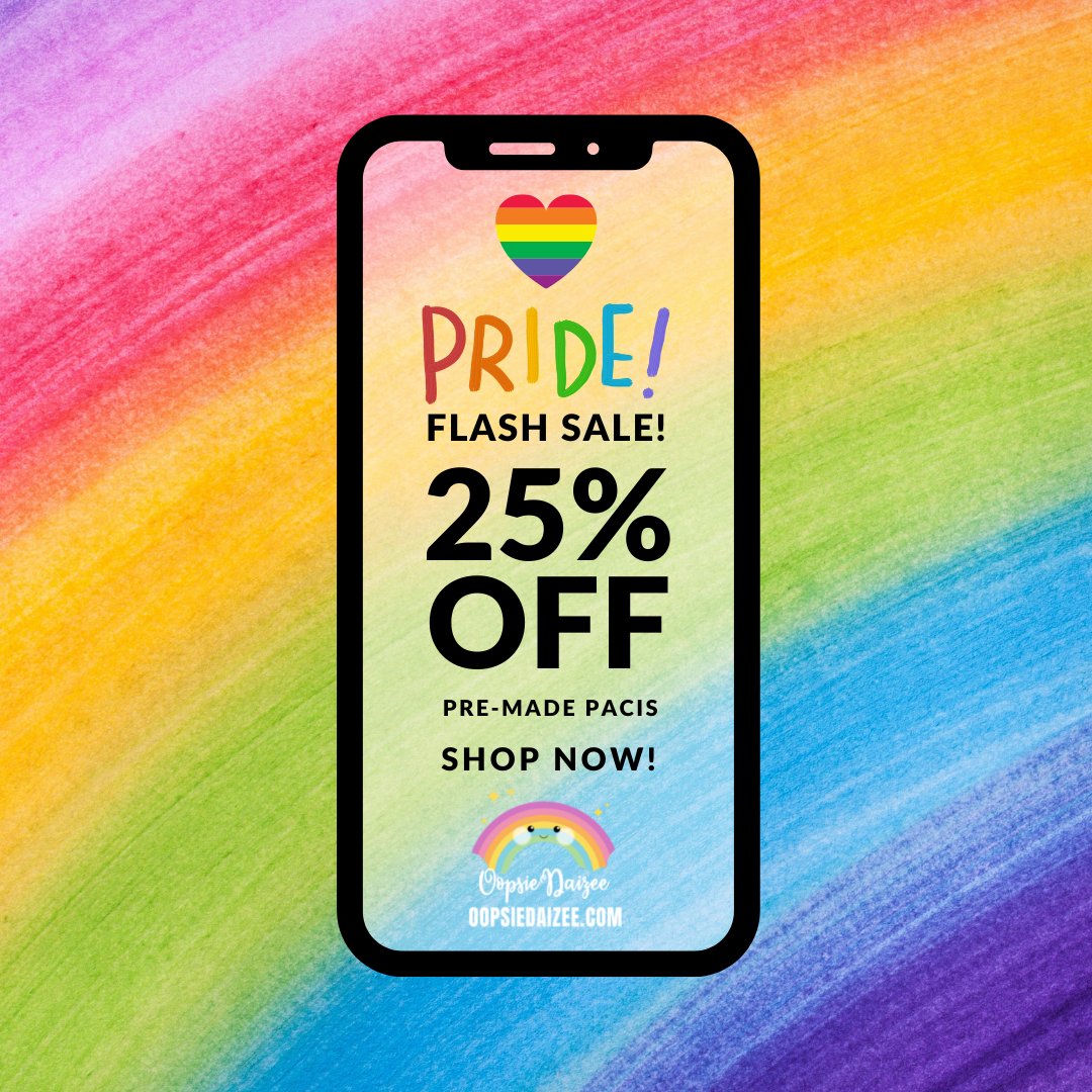 DaizeeOopsie's tweet photo. ❤️🧡💛💚💙💜
HAPPY PRIDE MONTH
❤️🧡💛💚💙💜

Don't miss our flash sale in honor of Pride Month! 25% OFF all pre-made pacis. No promo code needed -- discount will be applied at checkout. Sale ends Friday at midnight ⏰

SHOP NOW! 🛒
https://t.co/QRNf52u3Rp https://t.co/ifMul1z7G5