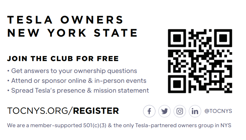 TOCNYS's tweet photo. Join Tesla Owners Club New York State (TOCNYS) today FOR FREE to become part of a community of over 2,600 members!

https://t.co/AOXVlma2gB https://t.co/iWJ0XfCOxM