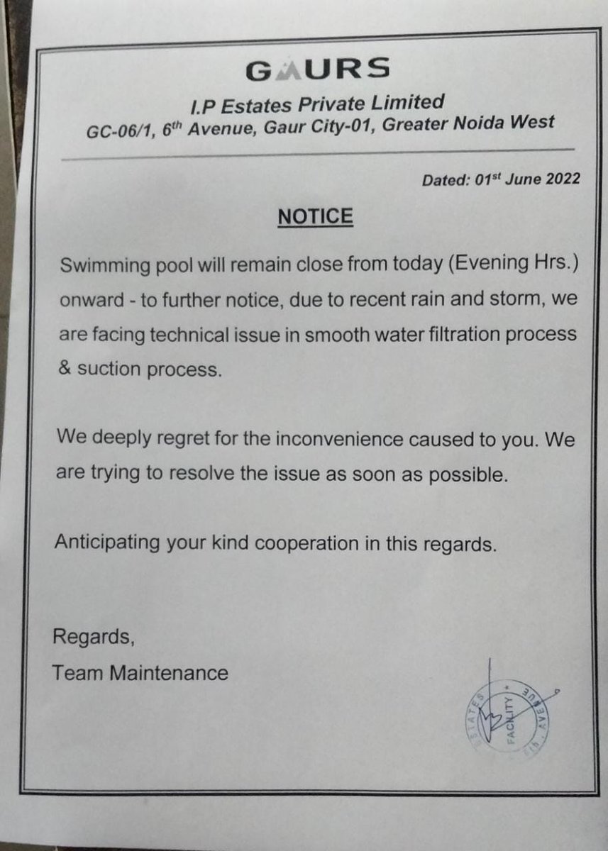 AnitaPrajapatIN's tweet image. गौड सिटी-6 एवेनुए,निवासी मार्च के पहले हफ्ते से मेंटेनेन्स विभाग से स्विमिंग पूल को जांच करके शुरू करने को कहते आ रहे है, पूल 20 मई को शुरू हुआ और अब आये दिन पूल बंद रहता है कभी कुछ,कभी कुछ😢
किस बात की मेंटेनेन्स लेते है?
@GNPC247
@6AvenueGaurCity
@gaursons_india
@OfficialGNIDA