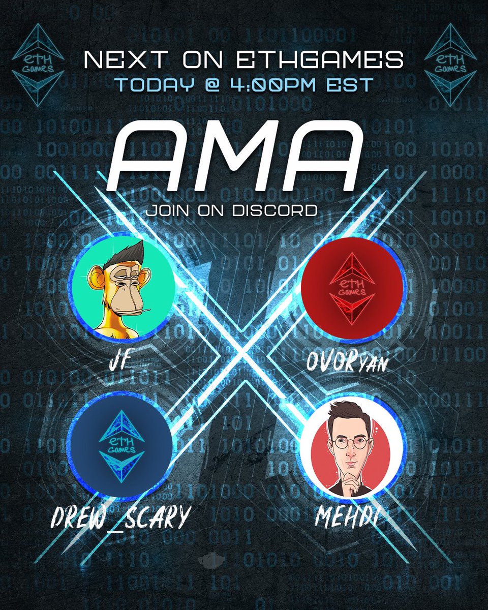 ethgames's tweet photo. 🚨AMA alert🚨

You are definitely going to want to tune in today! 

Join us at 4:00 PM EST with @jf_nft @OVOryan, @drew_scary &amp; @Mehdiverse to discuss all things ethgames and chill with the fam❌

https://t.co/z7AHqv2QZI https://t.co/UUAfTiLvqM