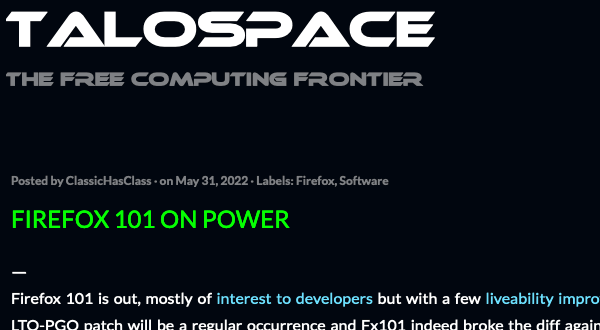 mpc7500v2's tweet photo. #Firefox101 on POWER
https://t.co/nCo37Lhj1t
#OpenPOWER #POWER9 #PPC64le #PowerPC #JavaScriptJIT #FirefoxESR #Firefox #LTO #PGO https://t.co/nBprdsQ4kw