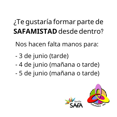 Tú también puedes participar en SAFAMISTAD.
Así nos ayudas a dar visibilidad a #Carumanda entre los padres y alumnos del colegio y a recaudar fondos para nuestros proyectos.

Escríbenos al móvil de voluntarios y nos coordinamos. 
📞623062495

¡Te esperamos!

#DesdeLejosDesdeCerca