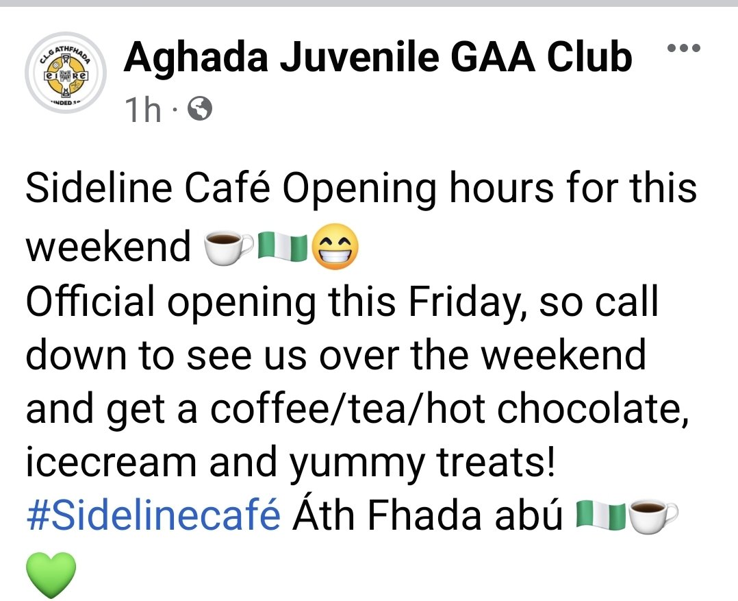 AghadaShop's tweet photo. The #sidelinecafé  @AghadaGAA  officially opens this Friday ! See below info on opening hours for the bank holiday weekend! ☕️🇳🇬🎉
@AghadaGAA @AghadaJuvGAA
@AghadaLGFA 
@Aghadacamogie 

#Café #bankholiday #Cork
#eastcork #corkharbour #GAA #Coffee #aghada https://t.co/mv8H1pgQQc