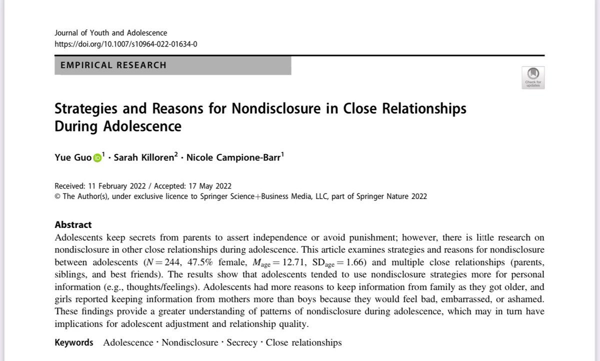 CampioneBarr's tweet photo. Very excited for my graduate student Yue Guo on their first, first-authored publication! We examined adolescents' reasons and strategies for keeping information from close others (i.e., mom, dad, sib, &amp; best friends). https://t.co/UEEA4XhLtF https://t.co/k0GVWz1TGo