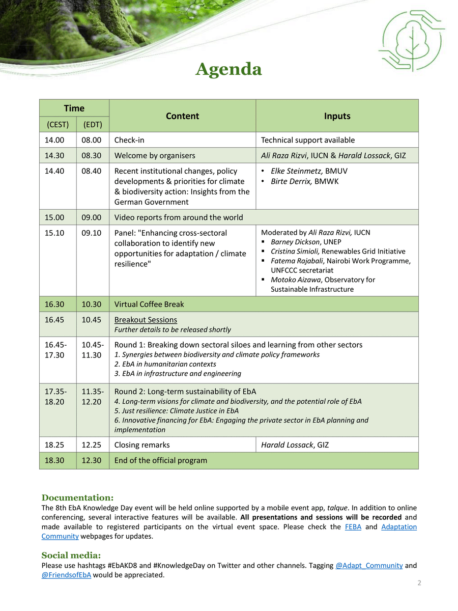FriendsofEbA's tweet photo. 📢Tomorrow, 2 June 2022, is the 8th #EbAKnowledgeDay!
🗣️We, @giz_gmbh @IUCN & @iki_germany, look forward to seeing many members of the #EbACommunity at the event, to discuss the Future of #EcosystemBasedAdaptation.
⏳#EbAKD8 Agenda below⬇️ https://t.co/RUGUNaYuIQ