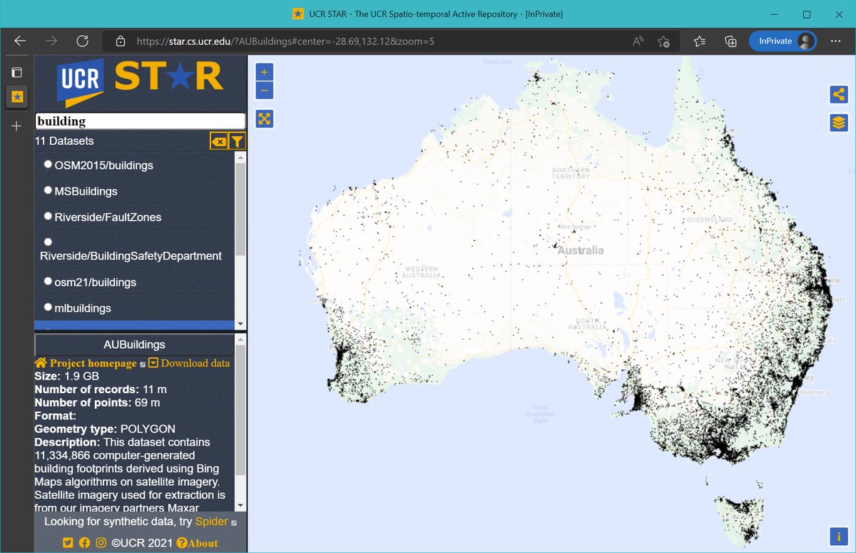 ucrstar's tweet photo. @samapriyaroy Awesome work! Thanks for sharing. You can also explore and download all the Microsoft Building datasets at UCR-Star in many standard formats including Shapefile, KML, GeoJSON, and CSV. https://t.co/RXwL3bv4zO https://t.co/hqmIJKG1de