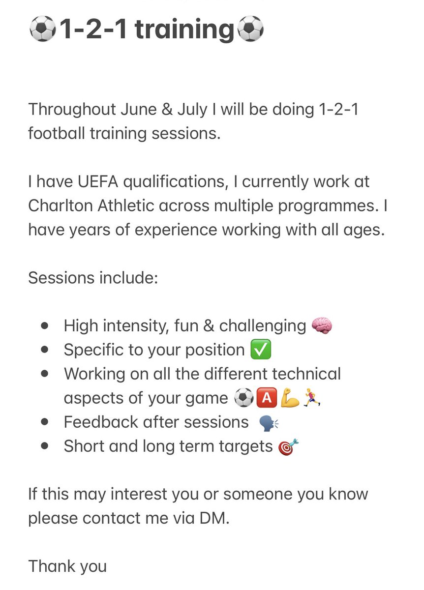 TobyTev's tweet image. I’m doing 1-2-1 football training sessions throughout the summer break. Please see below for more details👇Feel free to DM me as well✅⚽️