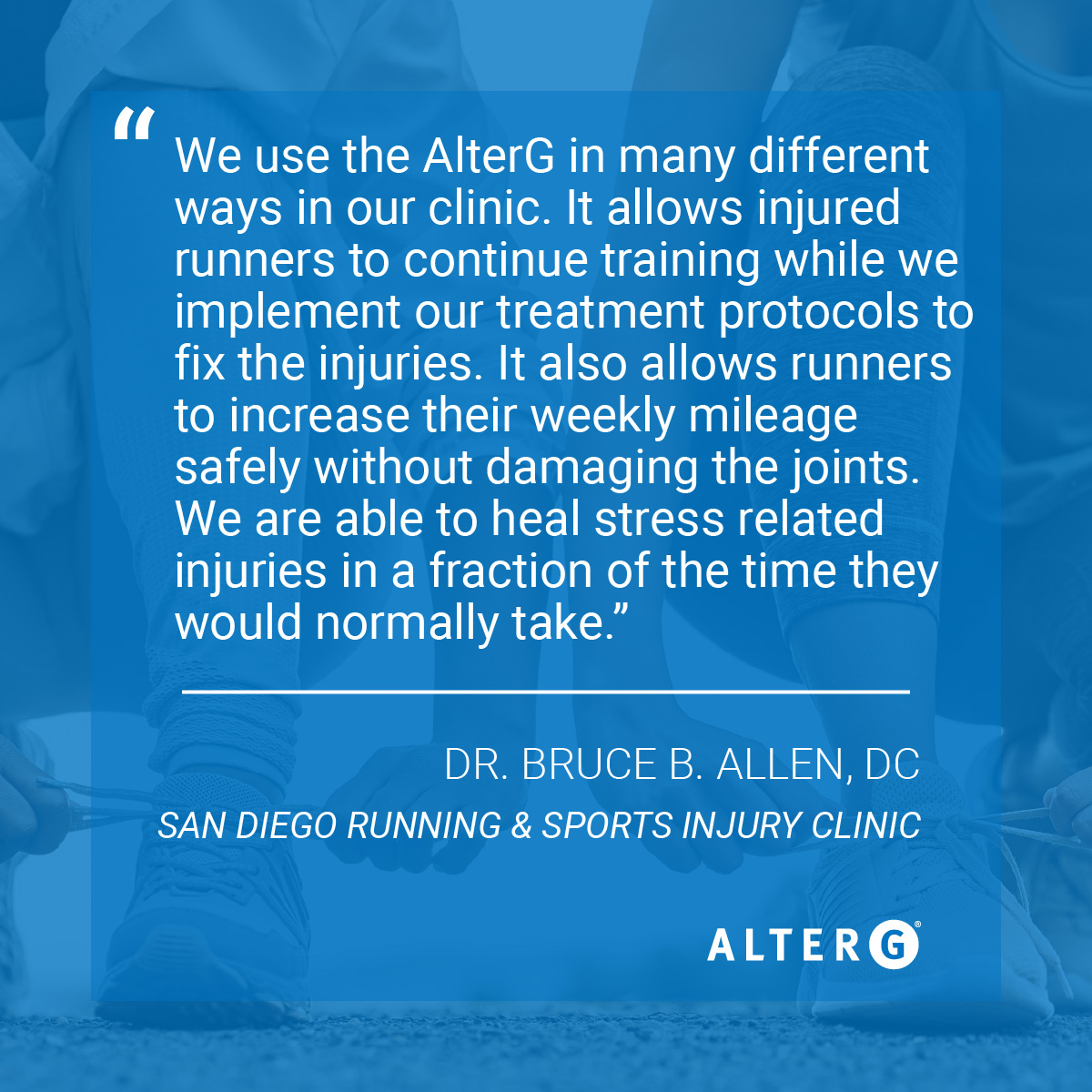 Alter_G's tweet photo. Dr. Bruce B. Allen, DC of San Diego's Running & Sports Injury Clinic tells us about the AlterG features he utilizes the most in his practice.
@runningday #alterg #antigravitytreadmill #precisionmatters #sdri #running #runningday #injury #pt #physicaltherapy https://t.co/mU8oKzzlV5