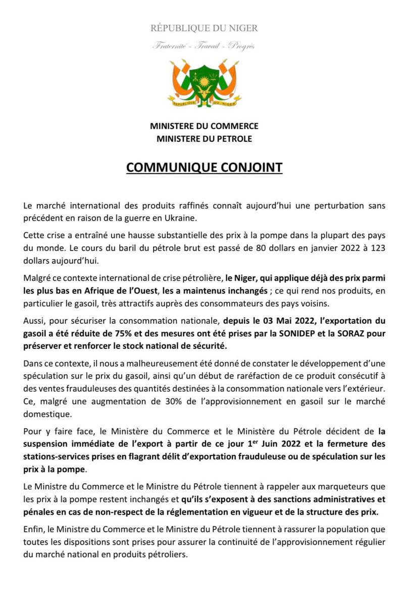 Infointox277's tweet photo. #Niger #Info: #Communiqué Conjoint du Ministère du Commerce et du @MPeNiger. https://t.co/07ba009qlR