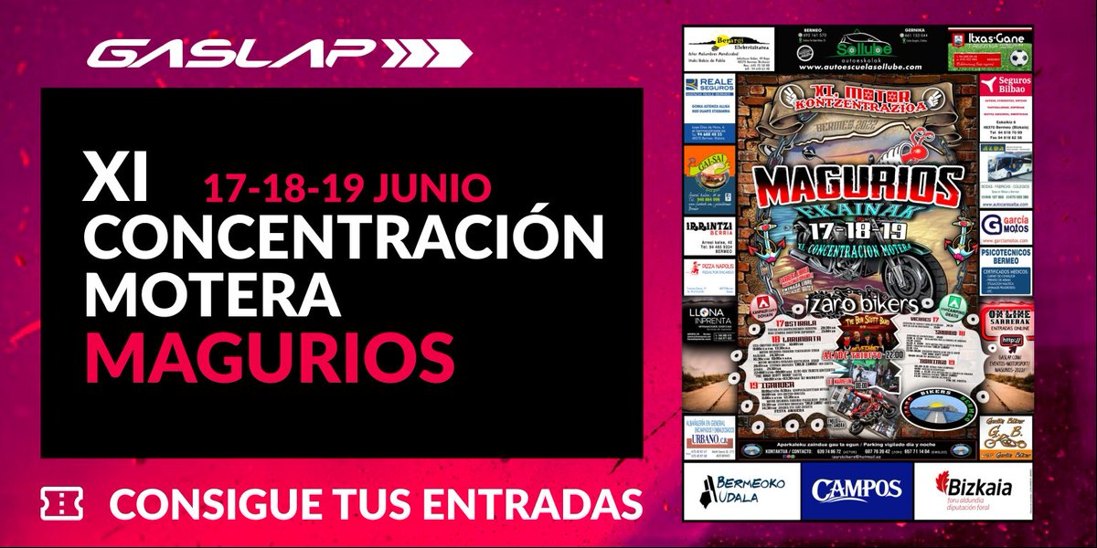🏍 XI CONCENTRACIÓN MOTERA 🏍 

MAGURIOS

🗓 17-18-19 de junio
IZARO BIKERS
🏍
📍 Bermeo, Bizkaia, Pais Vasco

✅ Zona Camping GRATIS
✅ Ruta - Sorteos - Regalos
✅ Aparcamiento vigilado
✅ Exhibición Stunt Emilio Zamora <a href="/Emilio_Zamora/">Emilio Zamora</a>

🎟  Gaslap.com