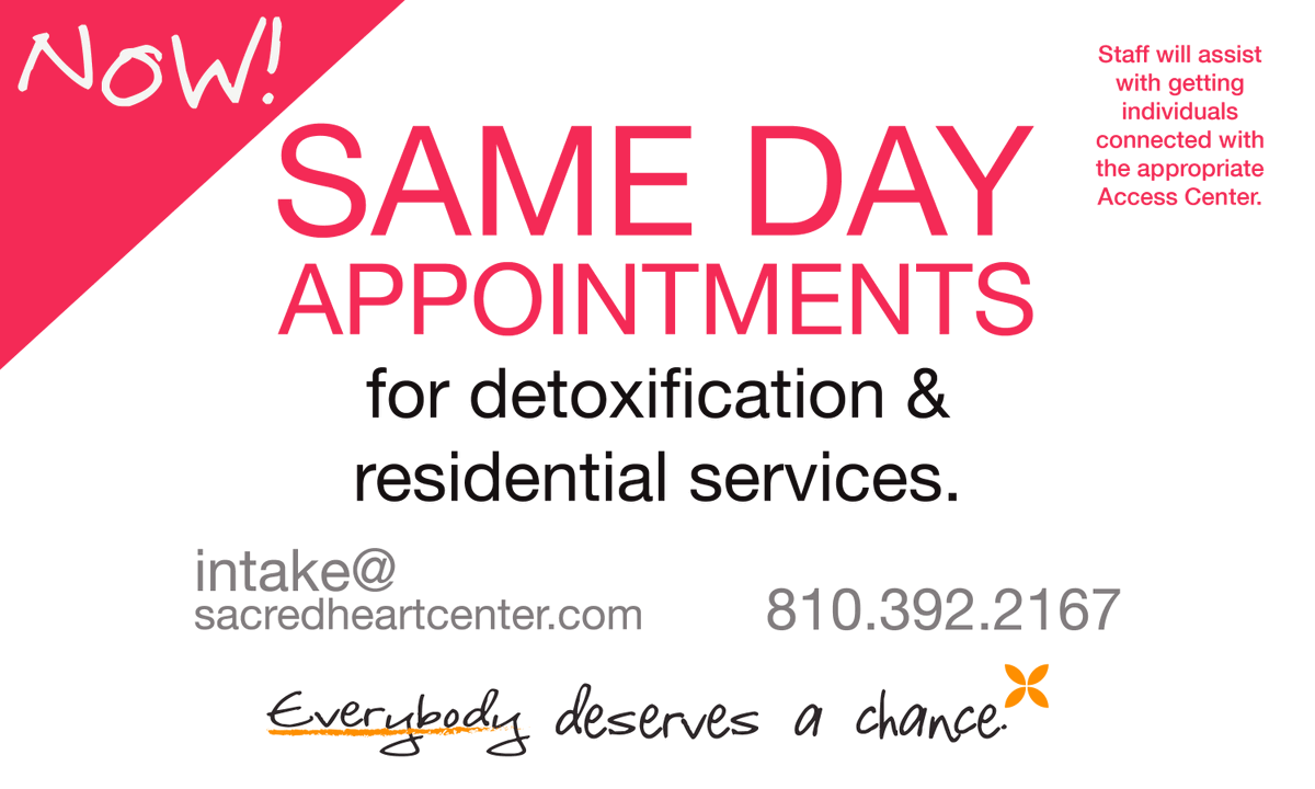 SacredHeartRhb's tweet photo. #SacredHeart NOW has #SAMEDAY #appointments for all residential locations (including our women and children's specialty where you can bring your child). Email intake@sacredheartcenter.com or call 810.392.2167, option 1. https://t.co/CLSbnWHiRt
