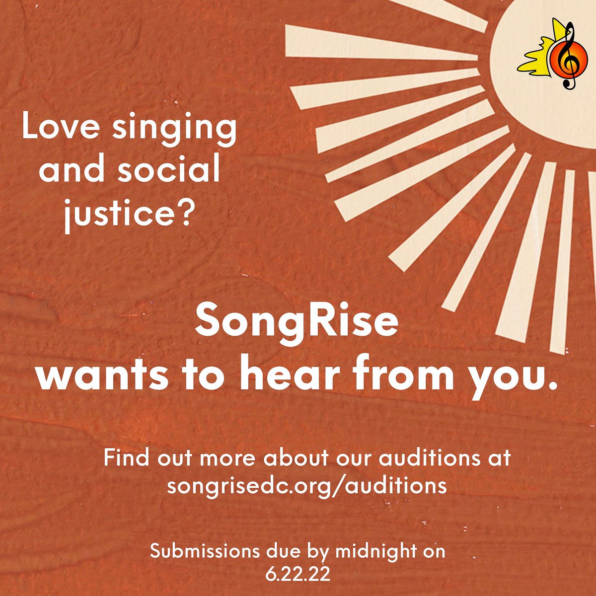 Hey friends!! 

We are seeking talented singers of all ages, backgrounds and experience levels in the DC/VA/MD area to join our group. Please visit songrisedc.org/audition for more info on how to audition for SongRise! ❤️🧡💛🎶