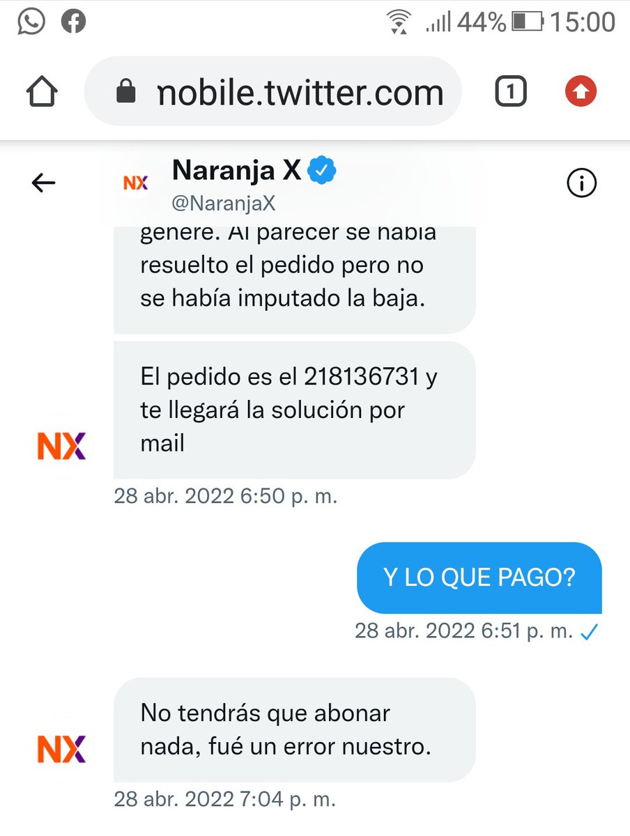 salinasev's tweet photo. @NaranjaX 
Hace tres meses que di de baja la tarjeta, es mas ahi dice error nuestro pero siguen cobrandome impuestos y debitando cosas que ya di de.baja... https://t.co/L95UvHU44l