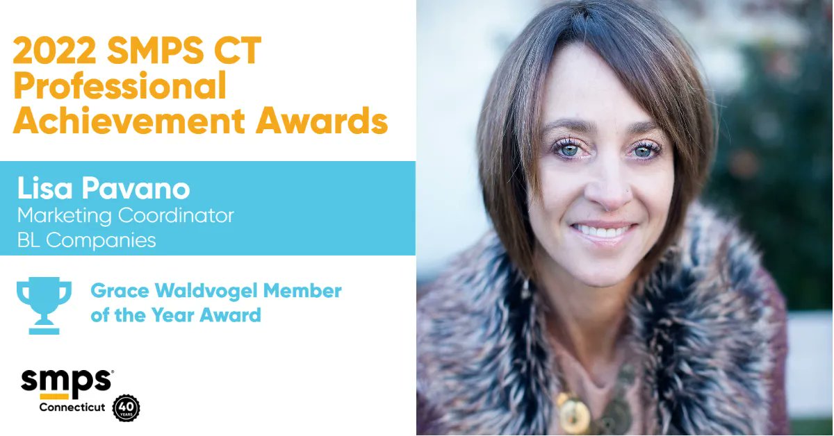 smpsct's tweet photo. Announcing the 2022 SMPS Connecticut Professional Achievement Award winners! 
Congratulations to Lisa Pavano,  Marketing Coordinator at BL Companies, for being one of the recipients of this year's Grace Waldvogel Member of the Year Award! https://t.co/siGIKxvbTx