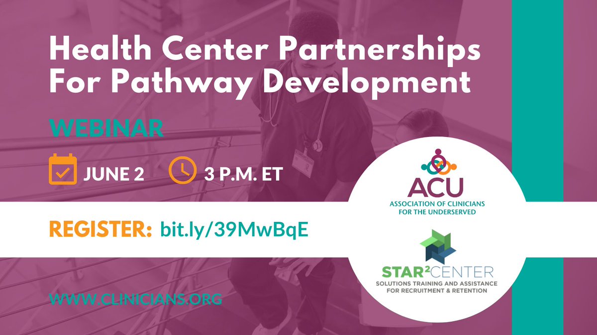ACUnderserved's tweet image. Don&apos;t miss tomorrow&apos;s webinar on Health Professions Education &amp;amp; Training (#HPET) programs! Join ACU&apos;s @STAR2Center &amp;amp; experts from @FrontierNursing, @ATSU_news, &amp;amp; @Wipfli_LLP on 6/2 at 3 p.m. ET, for this 1st session in our newest webinar series. Register: ow.ly/FaMm50JgMhB