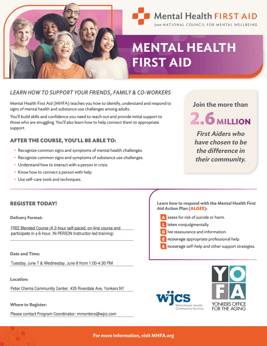 WJCSWestchester's tweet photo. Our upcoming #MentalHealthFirstAidTraining in #Yonkers is FREE & in-person! Learn how to identify & respond to signs of #mentalhealth & #sustanceuse challenges among adults. Register today! @CityofYonkers @NPWestchester https://t.co/7Bz8qlElOA