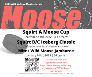 YouthHockeyHub's tweet photo. Check out Monticello Tournaments

SQA "Moose Cup" DEC 2 - 4
Mite "Wild Moose Jamboree" JAN 7 – 8
Squirt B1/C "Iceberg Classic" JAN 20 - 22

Link: https://t.co/Q5eOvatDUu https://t.co/lITHeubZbp