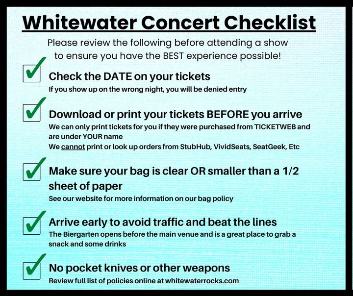 WhitewaterRocks's tweet photo. We want you to have the best experience possible when coming to see your favorite artists. Follow these steps to ensure ease of entry and a stress free night! 
For additional policies, please visit https://t.co/FWbvL0RR4i
#summer2022 #stressfree #concertchecklist https://t.co/yibY6q3XM1