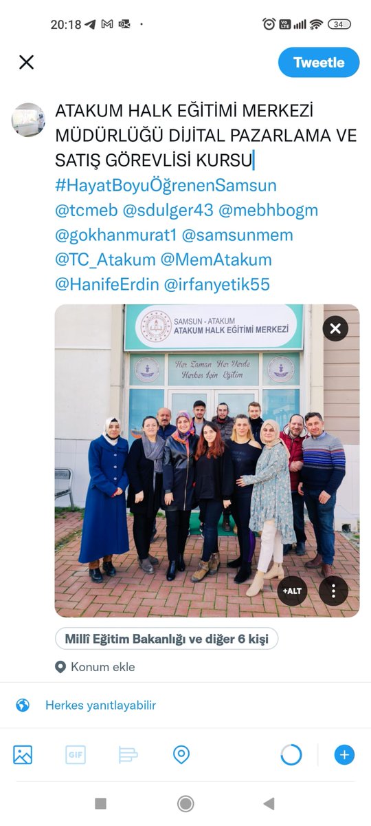 Her saman her yerde Hayatbboyu Öğrenme
<a href="/tcmeb/">Millî Eğitim Bakanlığı</a>
<a href="/sdulger43/">Sabahattin DÜLGER</a>
<a href="/mebhbogm/">MEB Hayat Boyu Öğrenme Genel Müdürlüğü</a>
<a href="/gokhanmurat1/">Murat YİĞİT</a>
<a href="/samsunmem/">Samsun İl Milli Eğitim Müdürlüğü</a>
<a href="/TC_Atakum/">Atakum Kaymakamlığı</a>
<a href="/MemAtakum/">Atakum İlçe Milli Eğitim Müdürlüğü</a>
<a href="/HanifeErdin/">Hanife Öztürk Erdin</a>
<a href="/irfanyetik55/">Mehmet İrfan YETİK</a>
#HayatBoyuÖğrenenSamsun