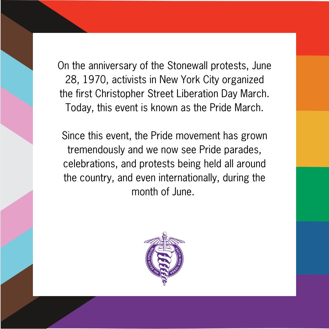 PhiDEFraternity's tweet image. Pride Month celebrates and promotes the self-affirmation, dignity, rights, and contributions of LGBTQAI+ individuals and the larger LGBTQAI+ community. Phi Delta Epsilon celebrates all of our members' identities. Check back throughout the month for more education!

#PhiDE #Pride