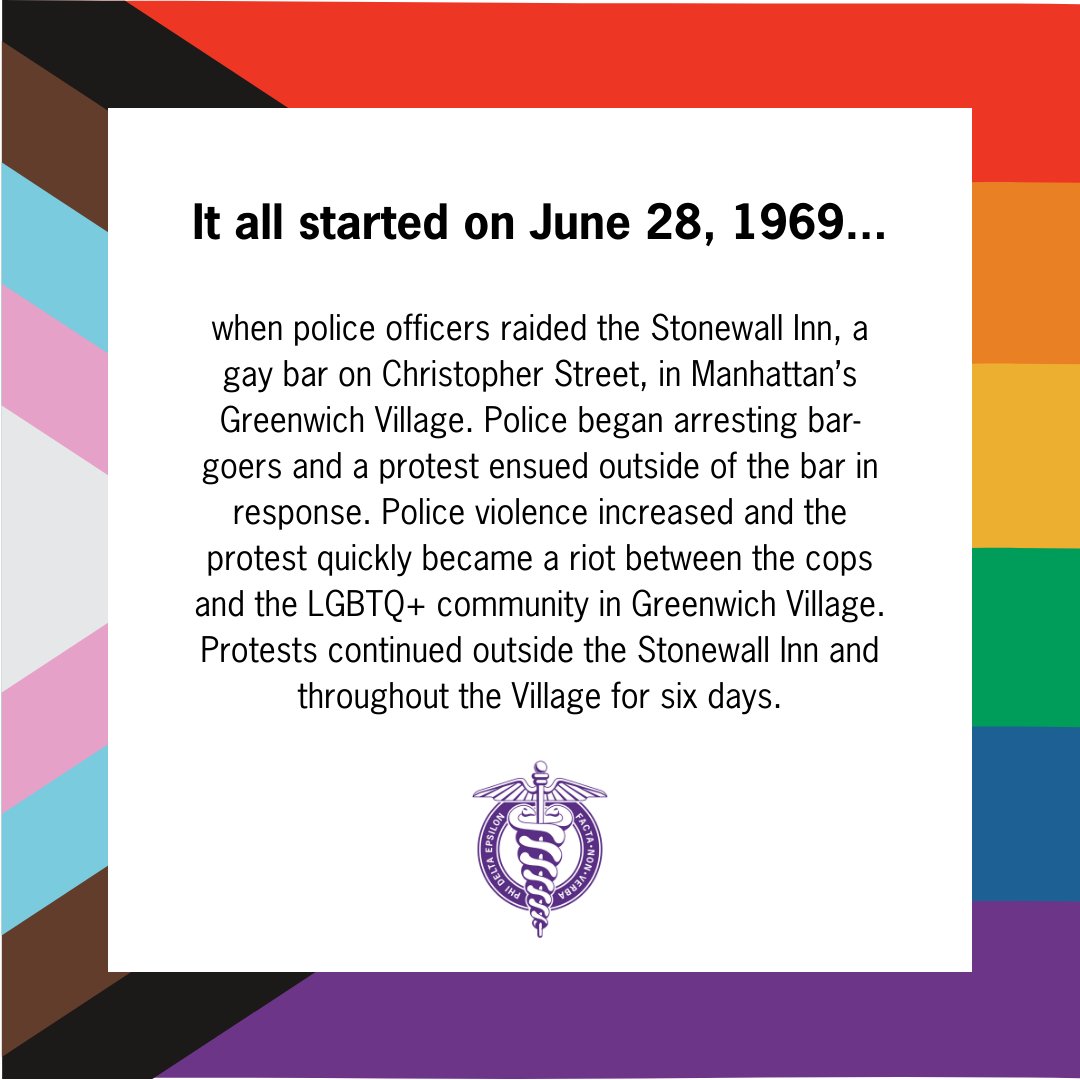 PhiDEFraternity's tweet image. Pride Month celebrates and promotes the self-affirmation, dignity, rights, and contributions of LGBTQAI+ individuals and the larger LGBTQAI+ community. Phi Delta Epsilon celebrates all of our members' identities. Check back throughout the month for more education!

#PhiDE #Pride