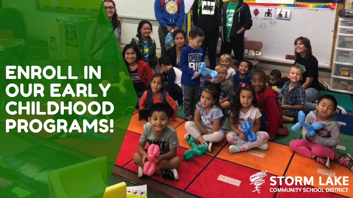Enroll in our Early Childhood programs! Available for expectant mothers &amp; children birth to age five, along with full-day programming for toddlers &amp; kids 3-5. Get started: storm-lake.k12.ia.us/early-childhoo…  
Questions? Contact Mike Sullivan at 712-732-8076 or Cassie Bauer at 712-732-1358.