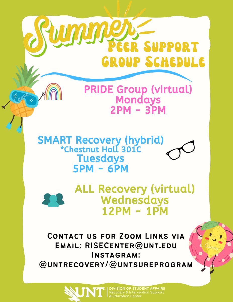 We are continuing our PRIDE, SMART Recovery, and ALL Recovery Peer support groups throughout this Summer! Contact us for Zoom links via email or DM us! 😎☀️#peersupport #peersupportgroups #unt