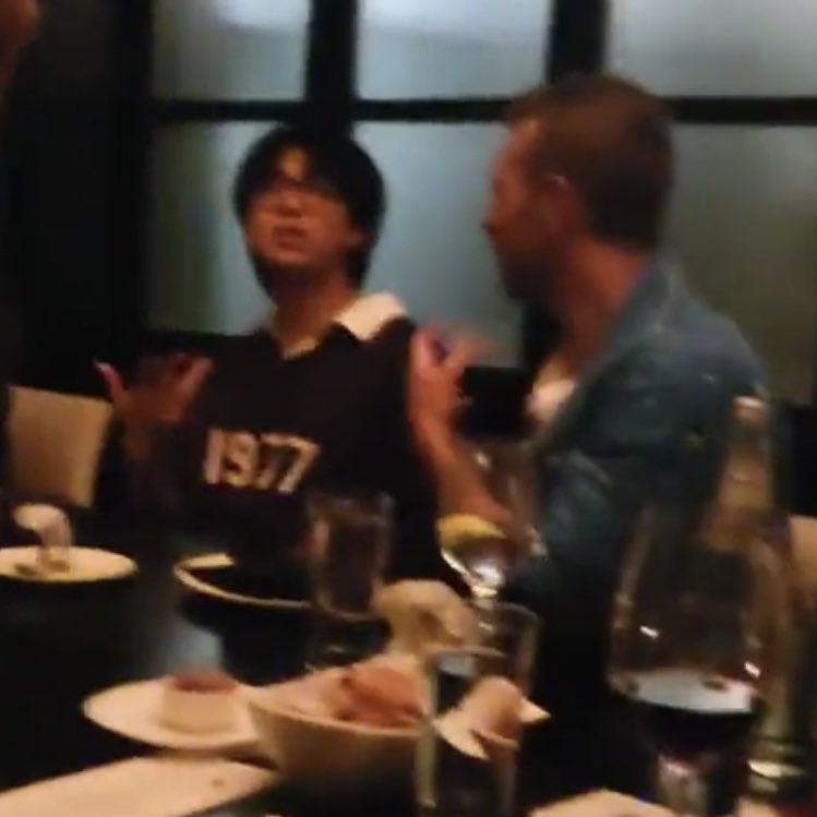 chewyyooongi's tweet photo. hold on is christopher coldplay martin wearing seokjin’s good day pajamas at the dinner function????? https://t.co/tpAglzcpOK