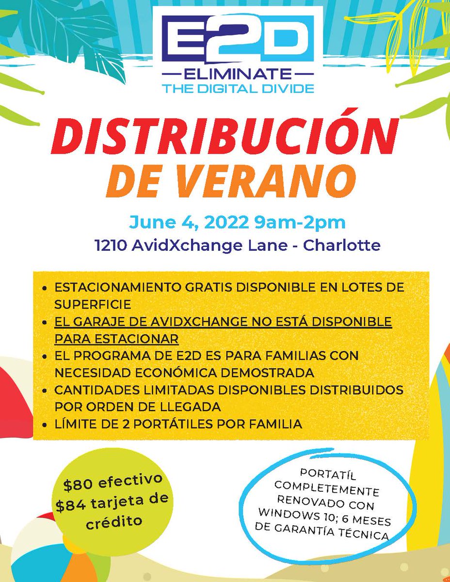 We are less than a week away from Summer Laptop Distribution provided by E2D . Spread the word, tell a friend . Estamos a menos de una semana de la distribución de portátiles de verano. Dígale a un amigo.