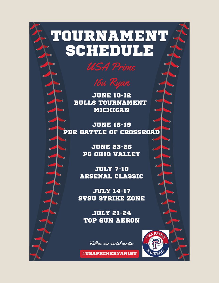 📣Schedule Announcement📣

With our talent packed roster, we're looking forward to a great summer of baseball. We'll see you on the diamond!

#baseball #uncommitted #primeontop #primemi #letsgo #2023 #2024
