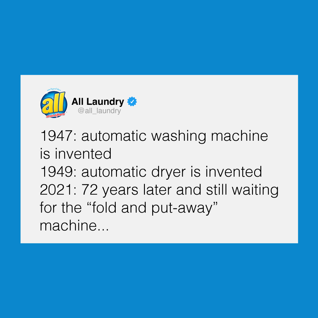 Someday 🤞🏻

We’re coming clean about dirty clothes. What are some of your laundry laments? Comment below!

#comeclean #alllaundrydetergent #laundryday #laundryinnovation