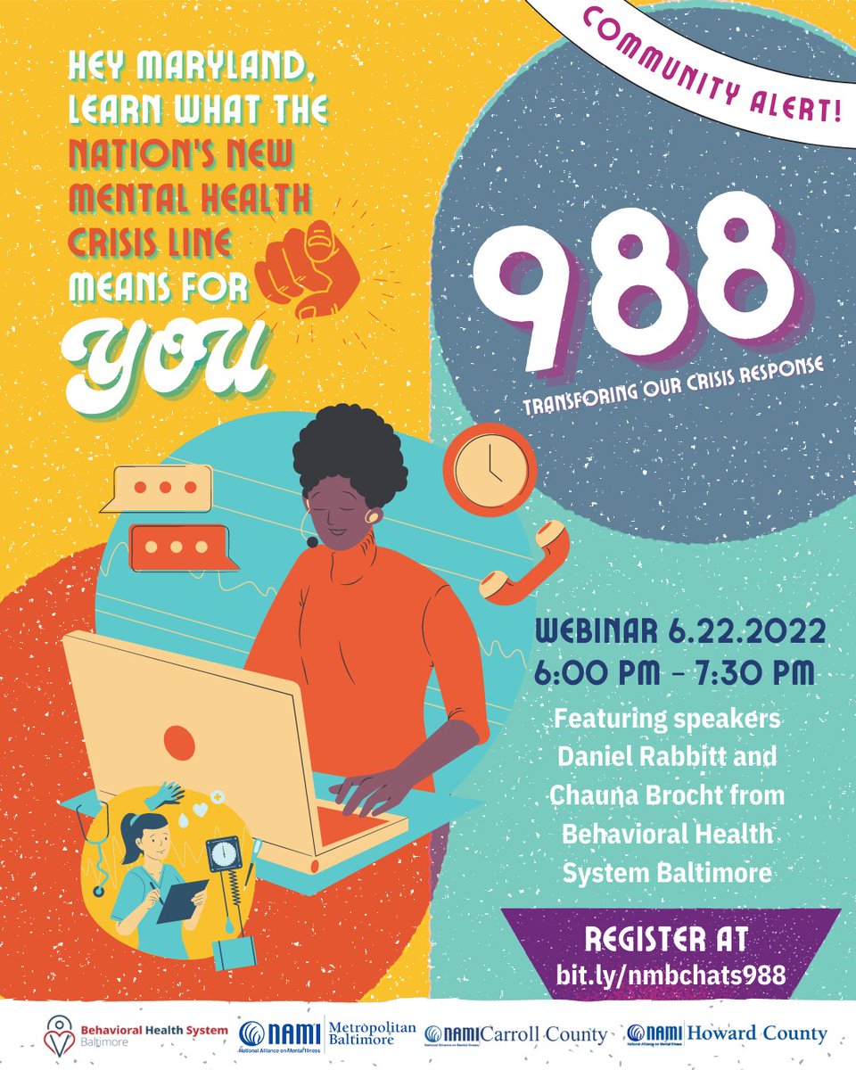 BHSBaltimore's tweet image. The new National Mental Health Crisis Line goes live nationally on 7/16. Join @NAMI_Baltimore and BSHB to learn more about what #988 means for the future of #mentalhealth and how you can raise awareness in the community. bit.ly/nmbchats988 #helpnothandcuffs #988cantwait