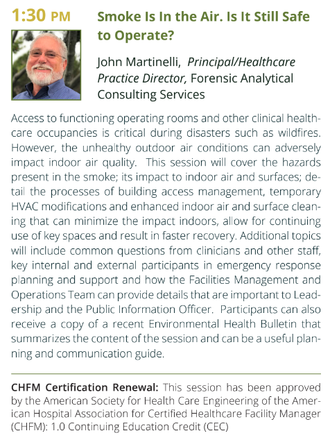 FACS_Consulting's tweet image. FACS is at the 49th CSHE Annual Institute this week! If you're lucky enough to be an attendee, stop by our booth and say hello to Diana Morales and John Martinelli, or drop by John's presentation "Smoke Is In the Air. Is It Still Safe to Operate?" on Thursday at 1:30. #CSHE