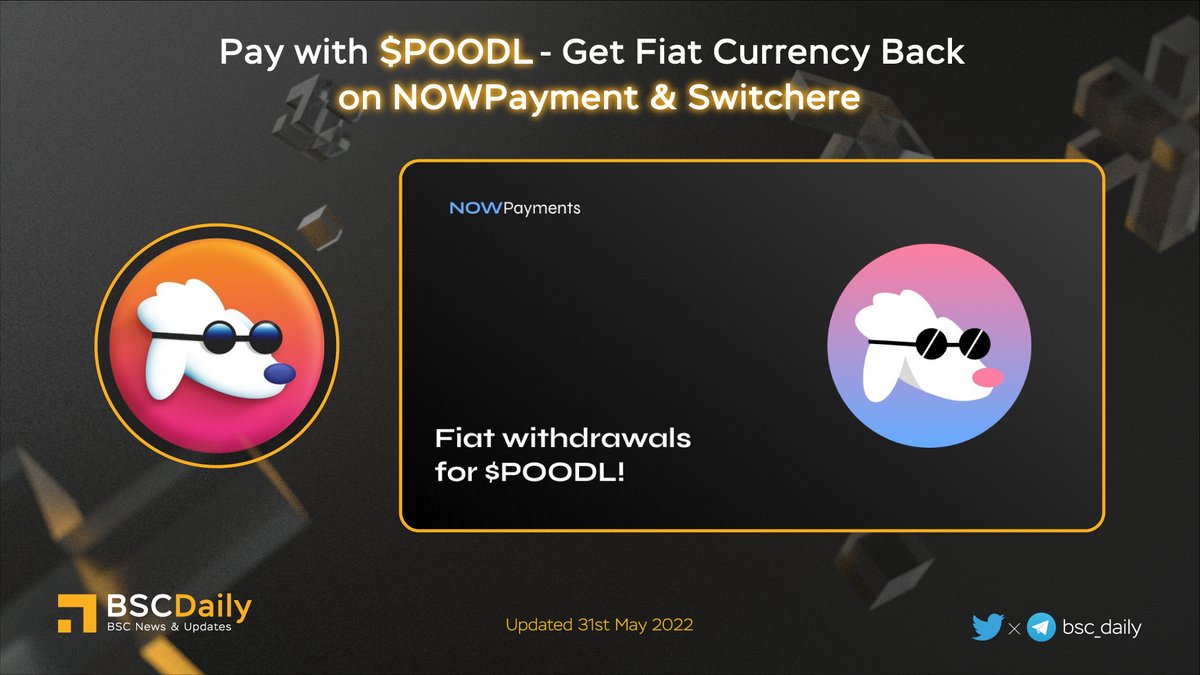 bsc_daily's tweet image. 🔥 Pay with $POODL - Get Fiat Currency Back on @NOWPayments_io &amp;amp; @Switchere_com 🚀

#POODL - a BEP-20 deflationary, self-LP generating token that is powered by the work and idea of its community💪

#NOWPayment - the easiest way to accept #Bitcoin and #altcoin payments😍

#BNB 🔥