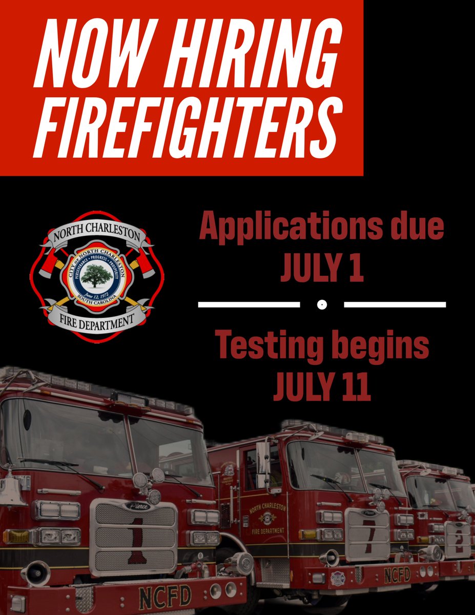NCFDSC's tweet image. Now Hiring Firefighters
No experience necessary.
Firefighter salary: $43,920
Firefighter/EMT salary: $45,880
Job descriptions here: northcharleston.org/government/job…
Minimum requirements, testing information, and application here: northcharleston.org/government/fir…