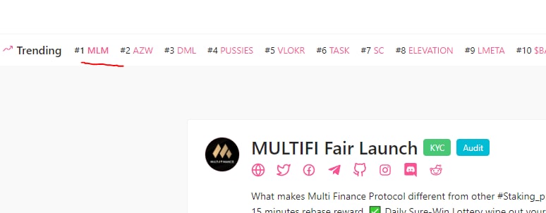MultiFiProtocol's tweet image. MultiFinance $MLM token is on Pinksale top 1 trending right now 🎉🎉🎉

Nothing can stop us 🚀 Thank you for all of your support ! ! ! Hard working will be paid off !

📍 Fair Launch Link: pinksale.finance/launchpad/0x55…