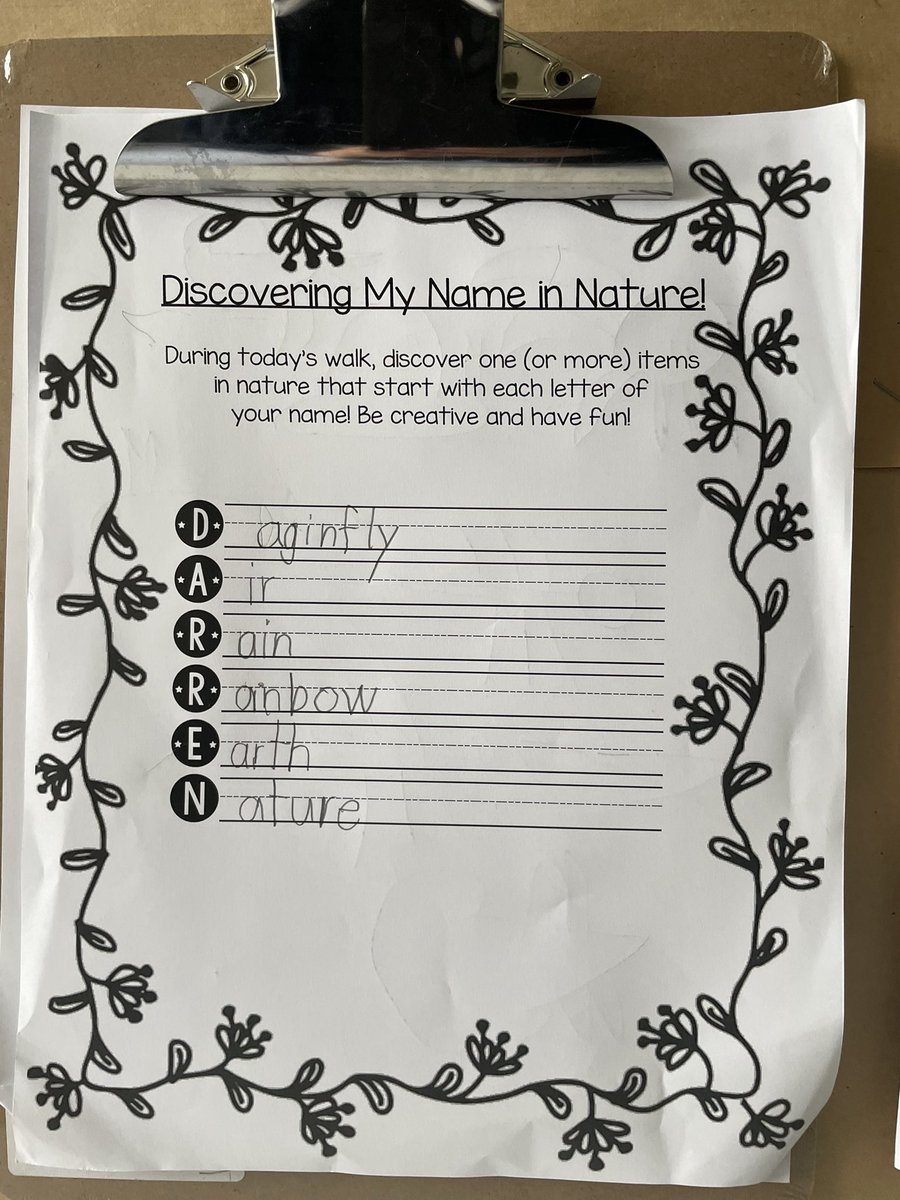 MsAlbertisClass's tweet image. Day 17 #walkingcurriculum challenge: discover your name in nature walk!