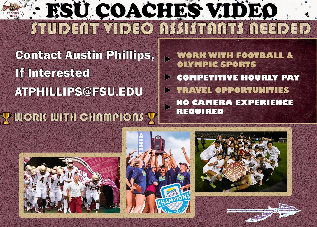 FSUCoachesVideo's tweet photo. Want to work behind the scenes with championship teams? FSU Coaches Video is hiring! Come help provide film and technical support for our football and Olympic sports teams. No experience required! https://t.co/pTETs8ldE1