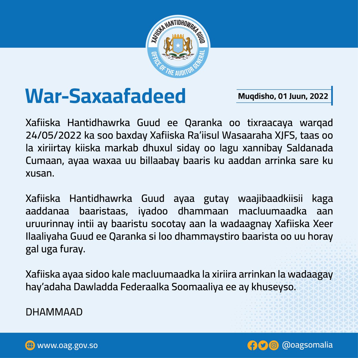 oagsomalia's tweet photo. Xafiiska Hantidhawrka Guud ee Qaranka ayaa ku wareejiyay Xafiiska Xeer Ilaaliyaha Guud macluumaadka baaris uu ku sameeyay kiis la xiriiray markab dhuxul sida oo lagu xannibay Saldanada Cumaan.

War-saxaafadeedka oo dhammaystiran ka eeg lifaaqa hoose👇🏾 https://t.co/QF5d7Q2Qaa