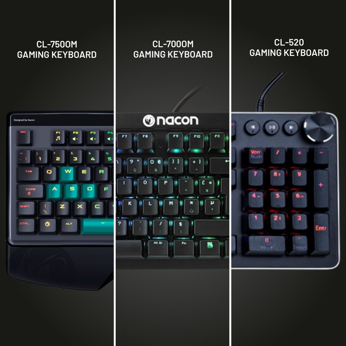 Nacon's tweet photo. Whether you're a pure FPS and MOBA player, a hardcore gamer with no limits, or a gaming enthusiast and content creator, you'll find the right Nacon keyboard for your needs and expectations! 😎 https://t.co/1V9dZCMDx5 

#Nacon #GamingKeyboard #CL520 #CL750OM #CL700OM https://t.co/iRhyrfJKQD