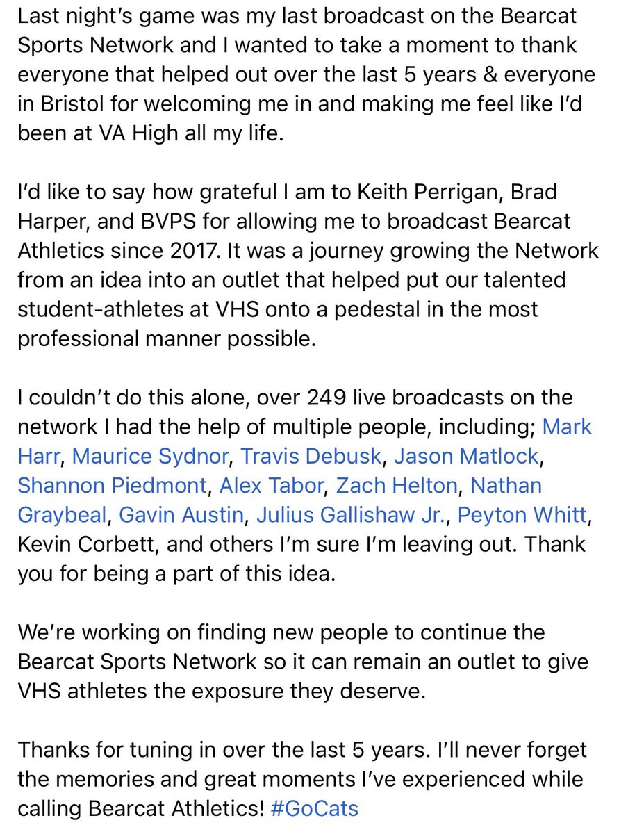 dillonhutton's tweet photo. Last night’s baseball game was my last for @bearcatnetwork, I wanted to thank several people &amp; it took a little more than 280 characters ⬇️ #ThankYouBristol https://t.co/lDVBi9NHA0