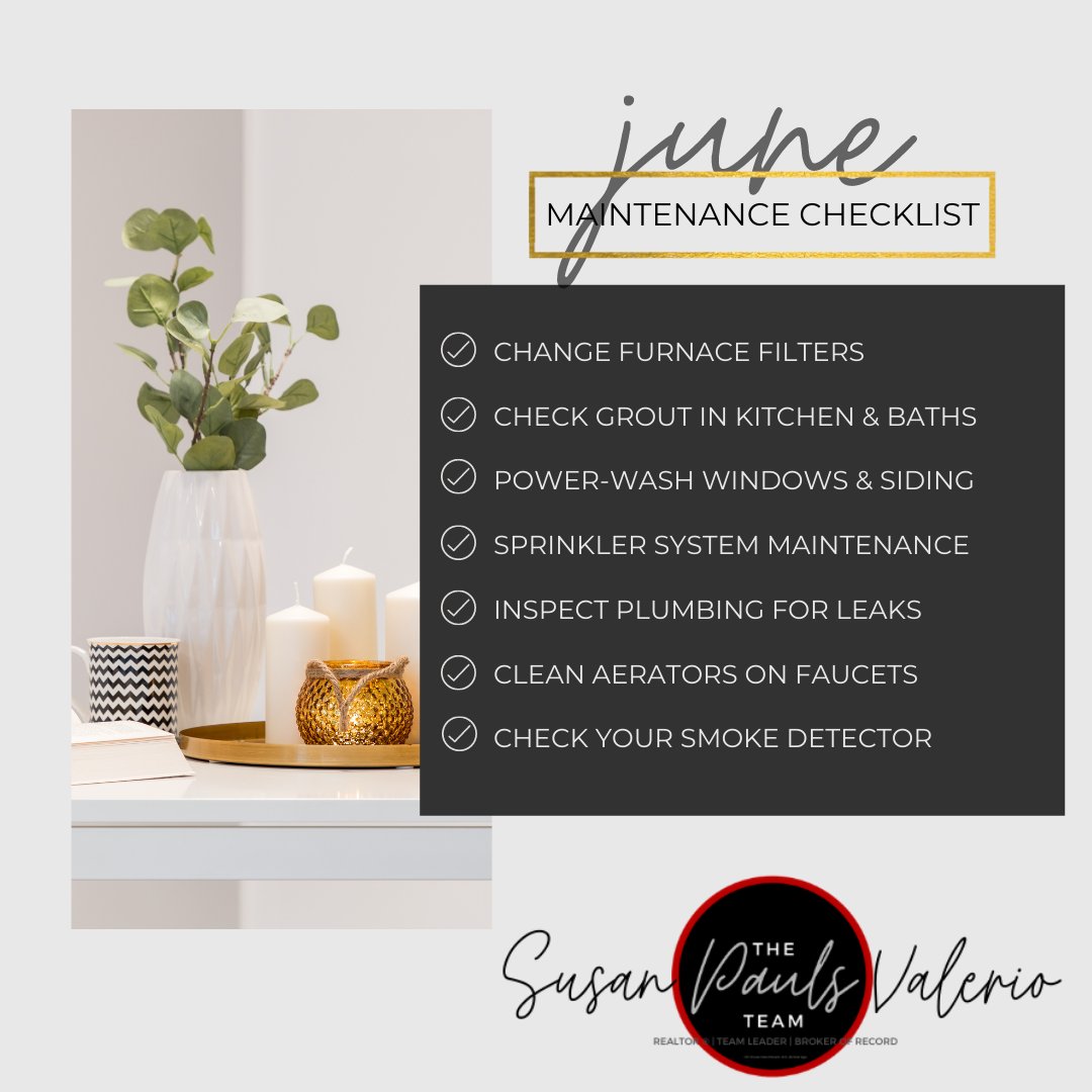 SusanValerio's tweet photo. Welcome June!! ๐
Here's a quick checklist of things to do this month to keep your home in shape.
#MaintenanceChecklist #Maintenance https://t.co/C7tv080dm1