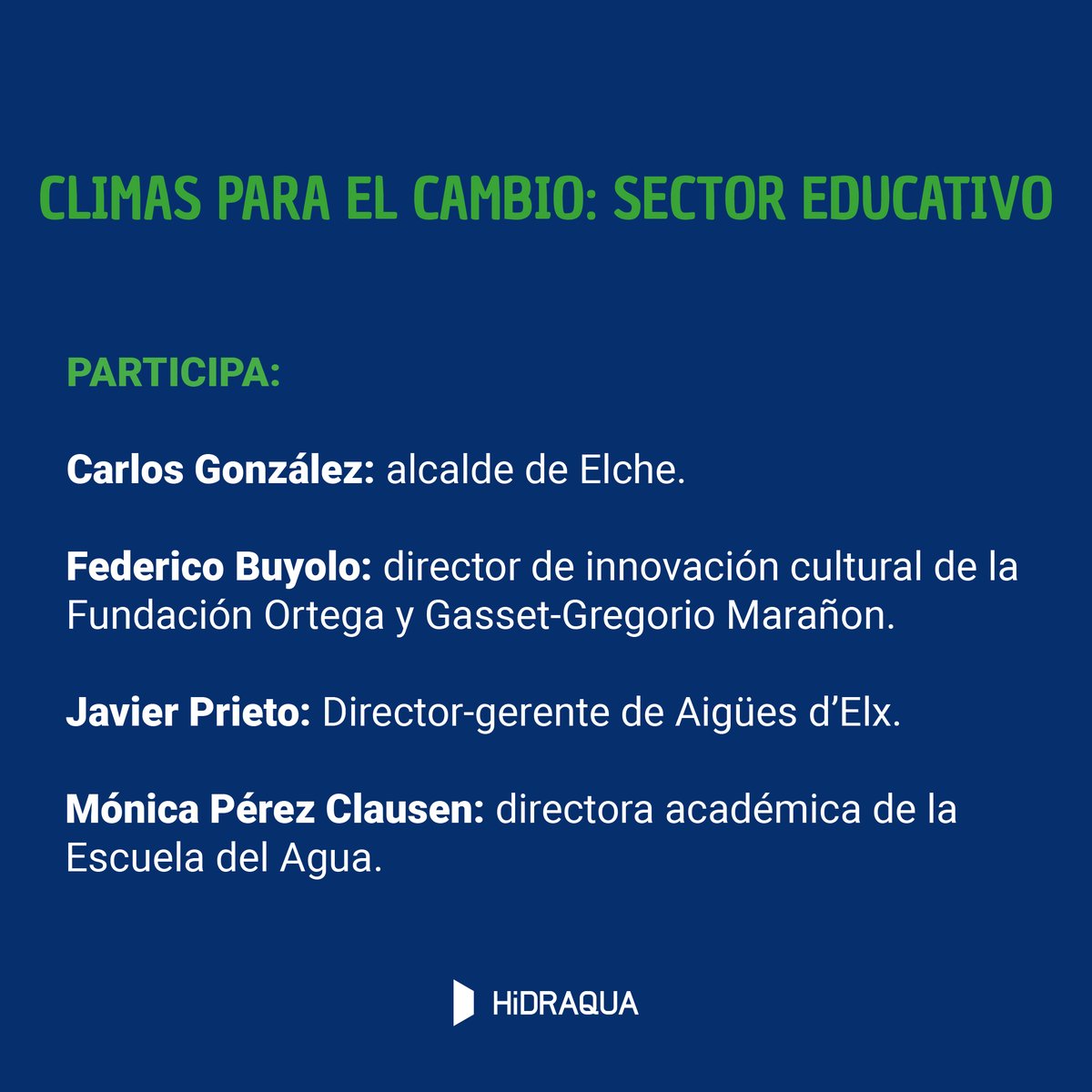 En el próximo encuentro #ClimasParaElCambio en Elche 📍 analizaremos cómo estamos cambiando en el sector educativo para que el clima deje de hacerlo ❌

Participan:
<a href="/AlcaldeDeElche/">Carlos González</a> @fbuyolo <a href="/clausenmoni/">Mónica Pérez Clausen</a> <a href="/ErvixaPrieto/">Javier Prieto</a>

📅 7/06, 12.00h
Síguelo desde aquí 👉 ow.ly/Ewq650Jiomv