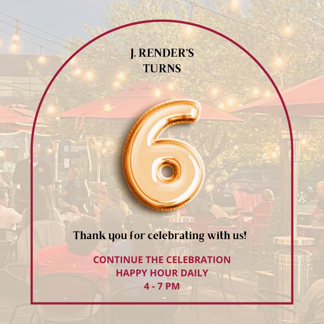 jrendersbbq's tweet photo. The party is still going! 🎉 J. Render's turns 6 today and we want YOU to join us for happy hour from 4 - 7 pm! 🍻🥂 #seeyouatrenders #lexingtonky #lexeat #eatlocallex #supportlocallex https://t.co/q5a7eyP5qx
