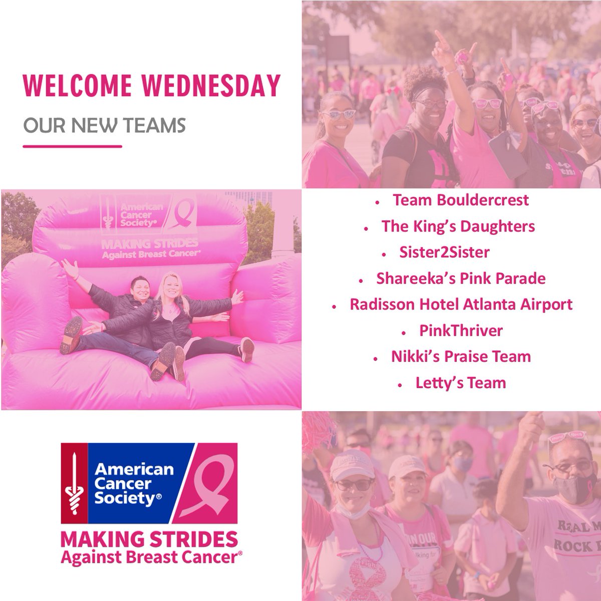 #WelcomeWednesday to some our 2022 Making Strides Teams
Haven't registered for this year's event? Go to MakingStridesWalk.org/Atlanta and sign up today
Don't forget this year's walk is on Saturday Oct. 22nd at Atlantic Station
