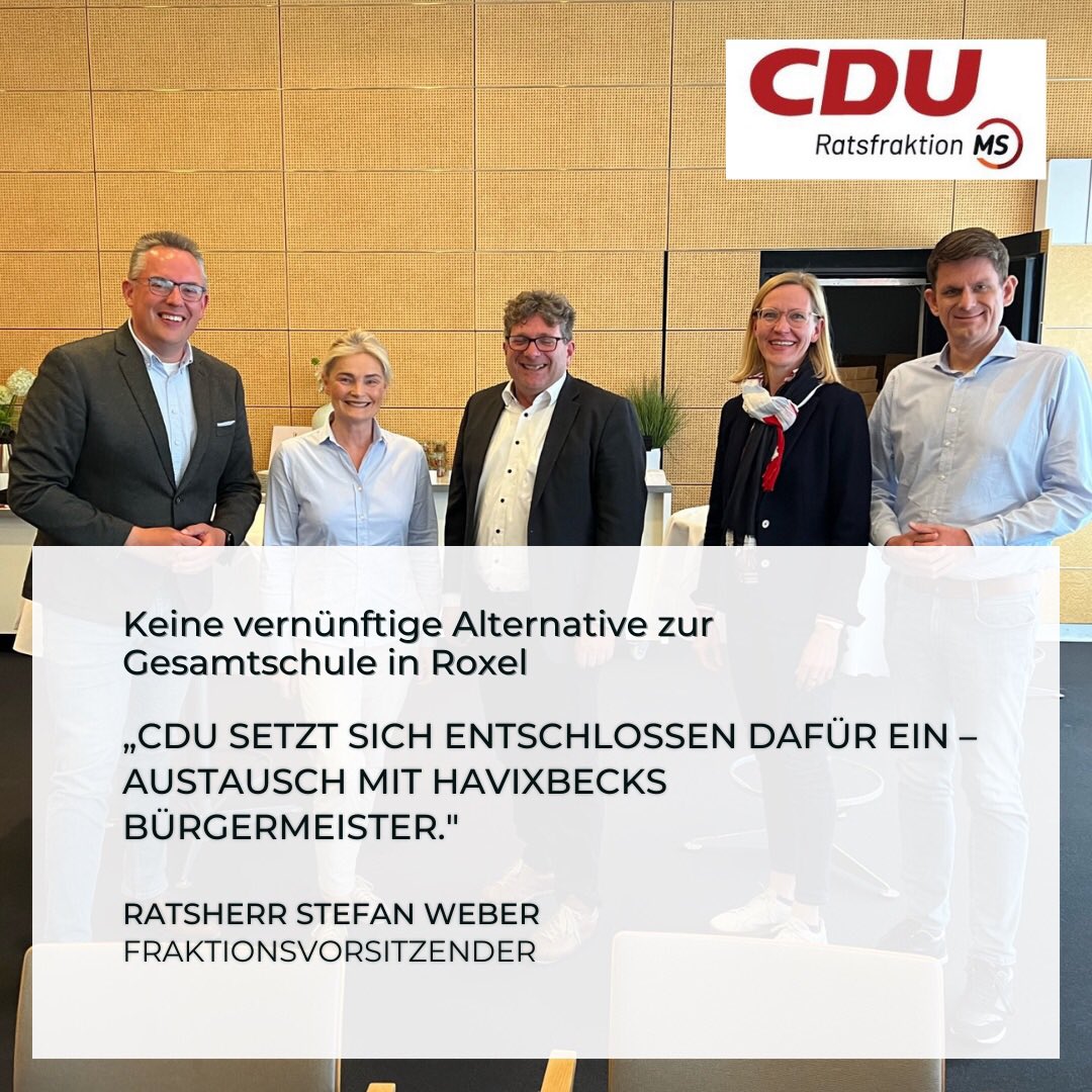 cdu_fraktion_ms's tweet image. ❗️keine vernünftige #Alternative zur #Gesamtschule in #Roxel

#CDU setzt sich dafür entschlossen ein - Austausch mit @GemHavixbeck|s Bürgermeister 👥

Mehr unter ⤵️
cdu-ms.de/aktuelles/pres…

#cdums #ratMS #SchullandschaftMünster #SchulstandortMS