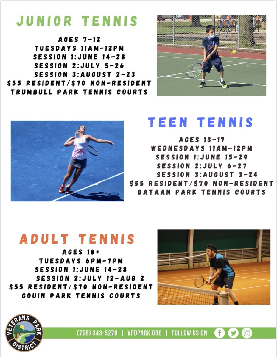 VPDpark's tweet photo. 🎾New June start dates for Tennis classes and Bocce Days.  Call 708-343-5270 to register today.@VPDpark https://t.co/7urn4ux3Mg